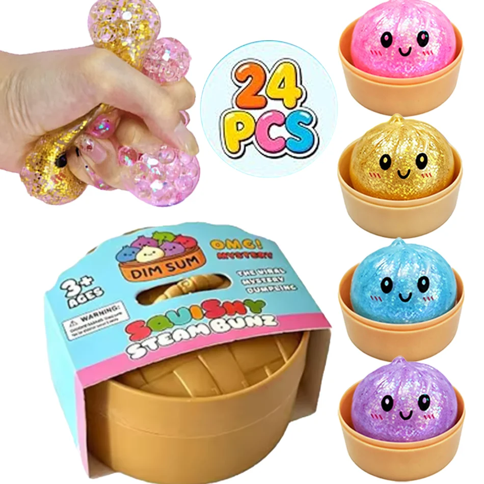 Glitzer-Dumpling-Squishy mit Box – Sensorischer Dampfkugel-Druckentlastungs-Fidget-Spielzeug aus weichem TPR-Teig für Stressabbau – Geschenk