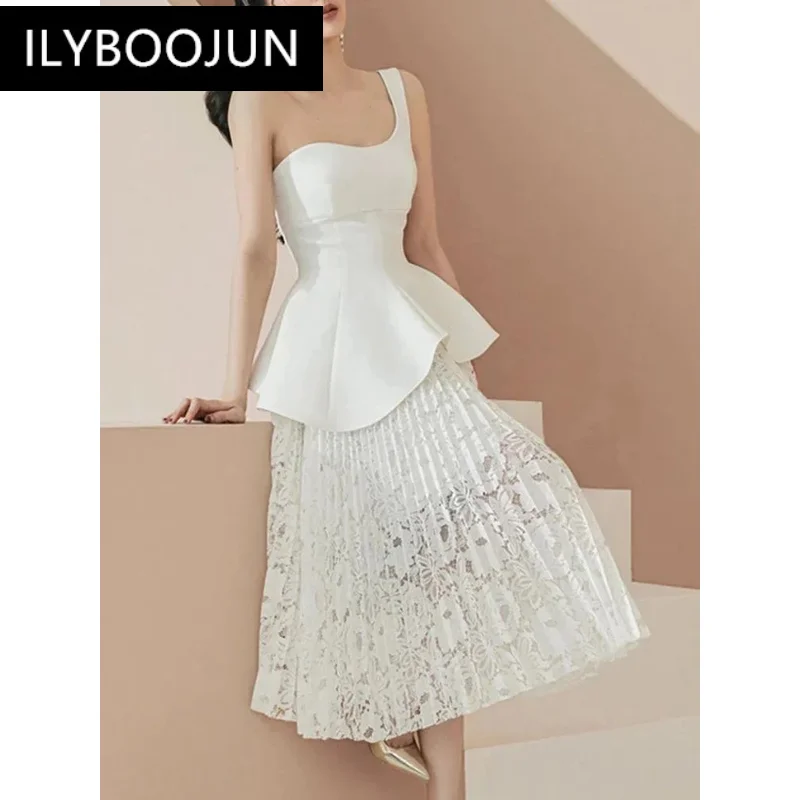 

DEAT Elegant Dress Asymmetrical One Shoulder Fake Two-piece Sleeveless Patchwork Women's Dresses 2025 Spring New Fashion 15C51