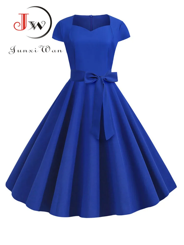 Summer Solid Yellow Color 50s 60s Vintage Dress Women Short Sleeve Square Collar Elegant Office Party Midi Dresses Belt