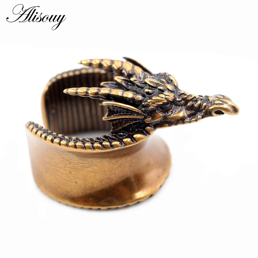 Alisouy 1PC Retro Copper Dragon Buffalo Horn Saddle Ear Tunnels Plugs Expander Stretcher Gauges Earrings Piercing Body Jewelry