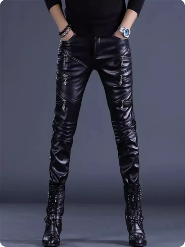 2023 Men's show Leather pants Nightclub bar DS singer Hipster male dj show dress slim pants Punk stud pants