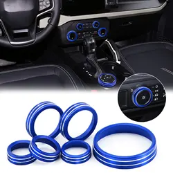 Car Air conditioning Audio 4WD Headlight Switch Knob Decoration Ring for Ford Bronco 2021 2022 2023 2024 Accessories(6PCS Blue)