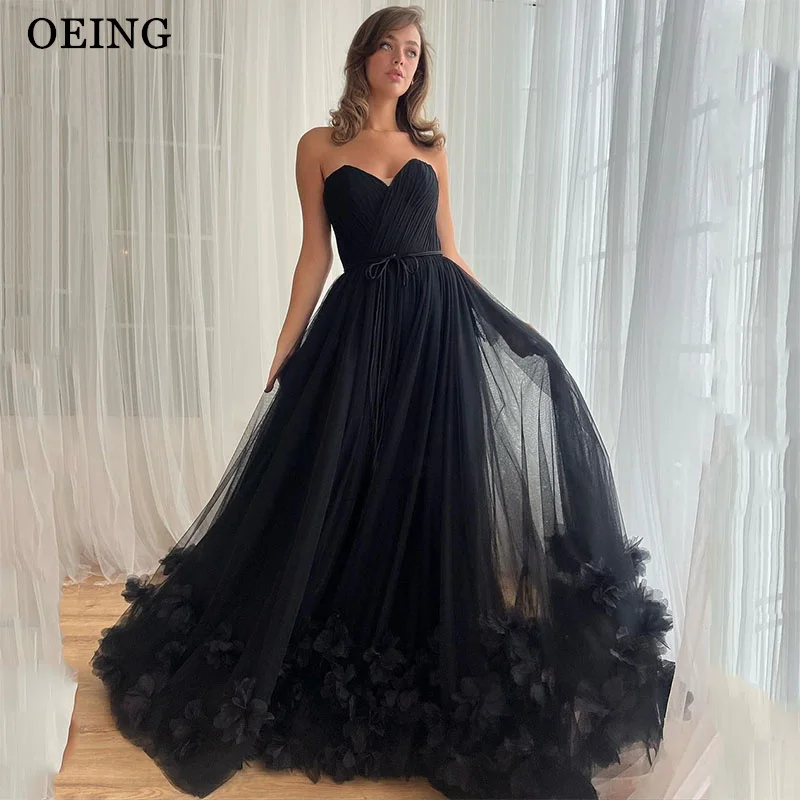 OEING Black A-Line Prom Dresses Strapless Sweetheart Floor-Length Party Gowns Soft Tulle Vestidos de noche Customized