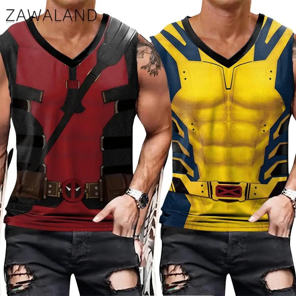 Zawaland Deadpool Wolverine Tank Tops for Men Cosplay Costume Fitness Shirts Superhero 3D Print Top Gym Halloween Clothes