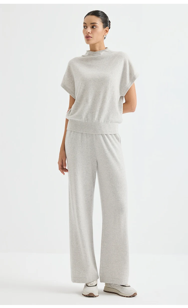 BY4621762 Damen 100% Kaschmir Weite Hose mit geripptem, elastischem Bund, Gesäßtasche, Kettenrand, entspannte Passform, Frühherbst – Detail 6
