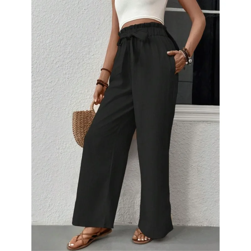 プラスサイズ 1XL-5XL 女性の新しいファッショナブルなソリッドカラーのズボンレディースレースアップウエスト多用途ストレートレッグカジュアルパンツ