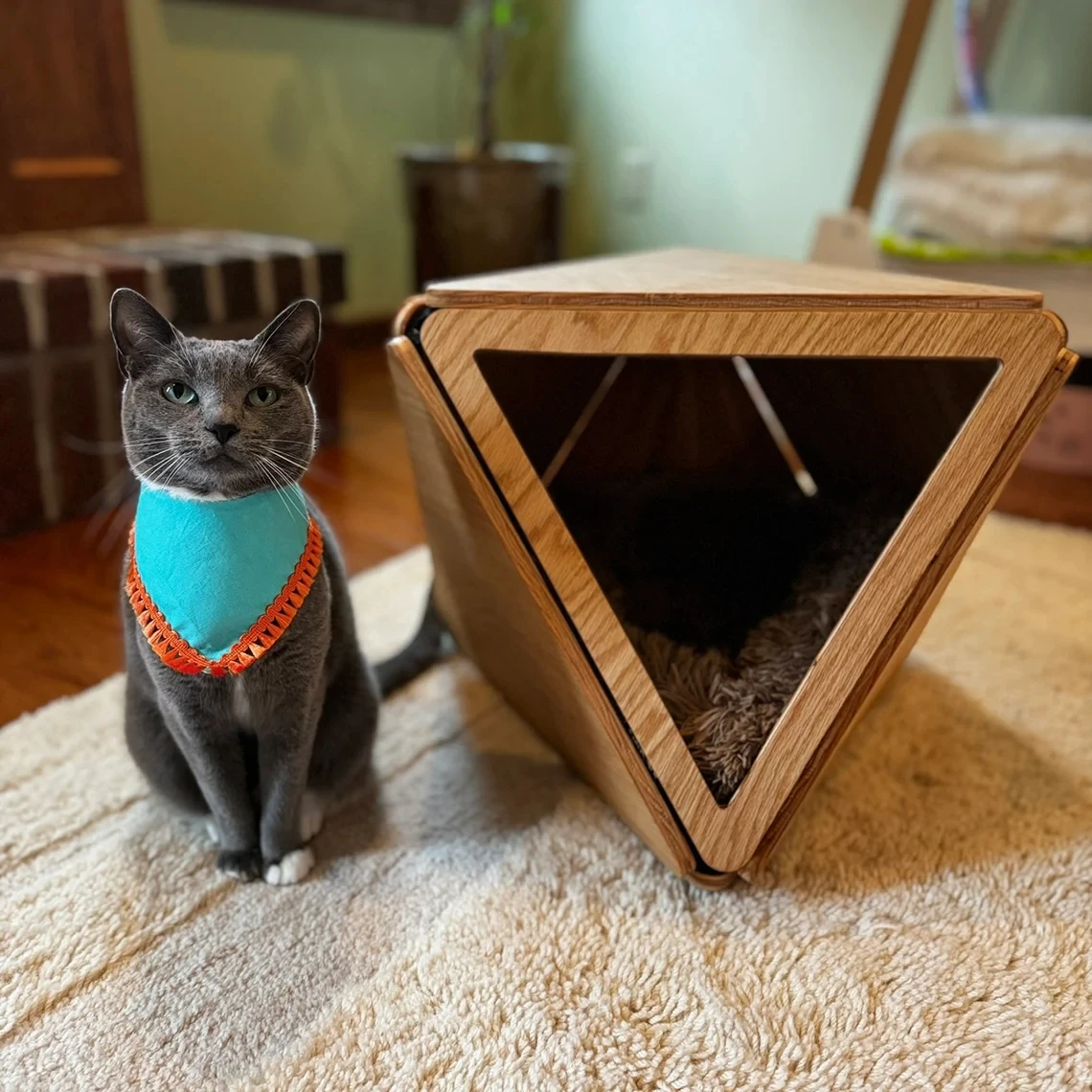 JUNJI Modern Oak Cat Bed Geometric Cat Cave Multipurpose Home Decor Furniture Designer Pets Gift Cat Cage