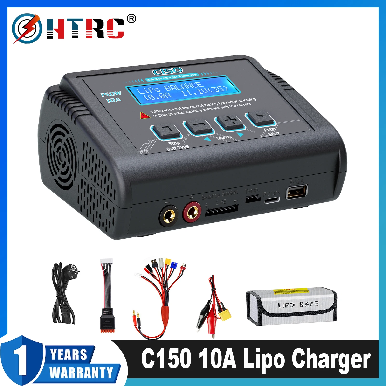 HTRC C150 Smart RC Balance Charger Discharger AC/DC 150W 10A for LiPo LiHV LiFe Li‑ion NiCd NiMh Pb Battery With Cables