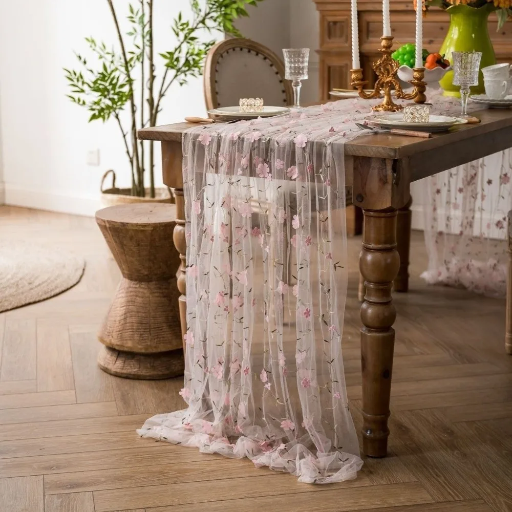 Semi-Transparent Tulle Table Runner French Style Romantic Embroidered Tablecloth Retro Polyester Floral Tablecloth Wedding Party
