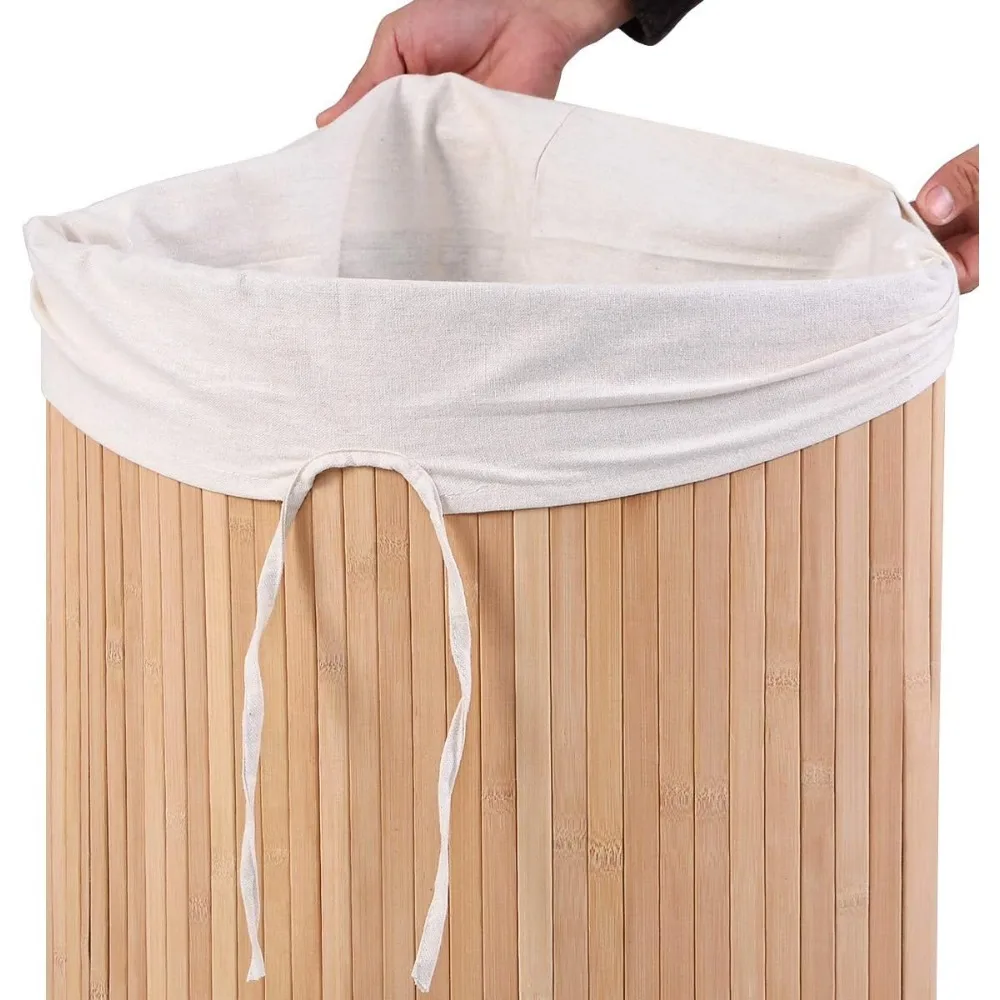 سلة غسيل من الخيزران مع غطاء وبطانة قابلة للإزالة، سلة تخزين زاوية للملابس، مناسبة للغسيل والتنظيم