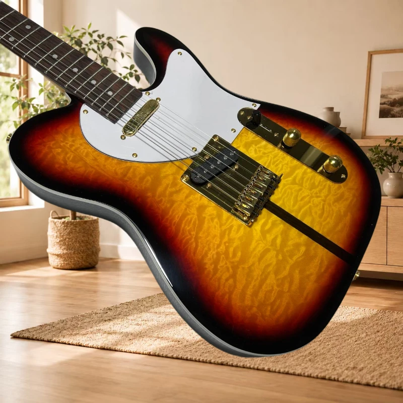 Vintage 3-Ton Sunburst Quilted Maple TLE Gitarre mit SS-Tonabnehmern, Goldbeschlägen, weißem Schlagbrett, kostenloser Versand