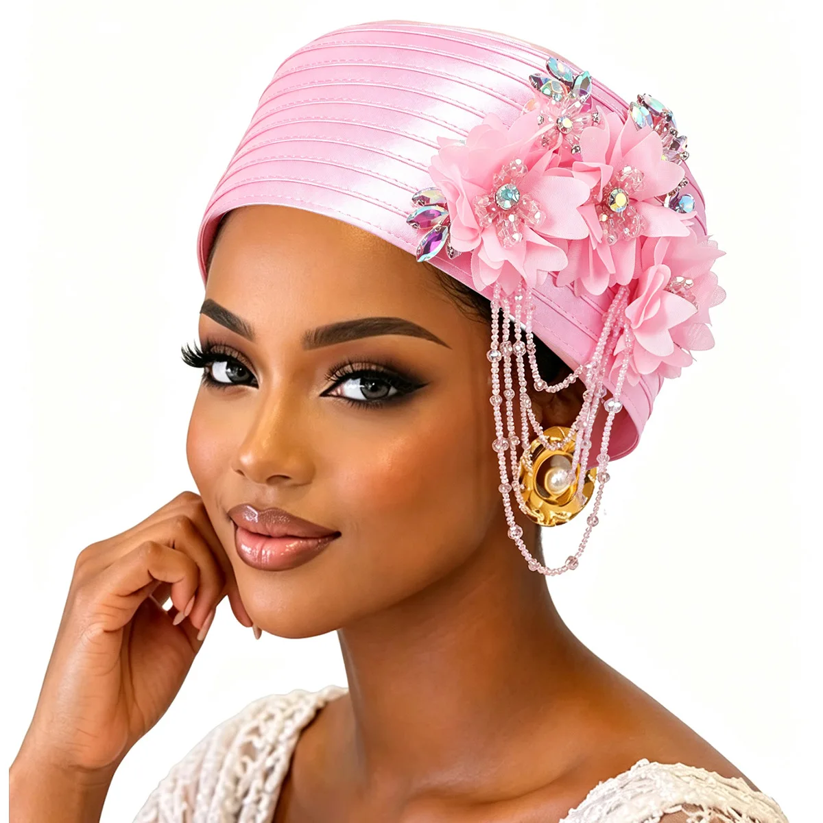 Elegant Women Satin Church Hat Rhinestone Floral Pearl Tassel Turban Headwrap for Formal Wedding Party African Geles Headpiece