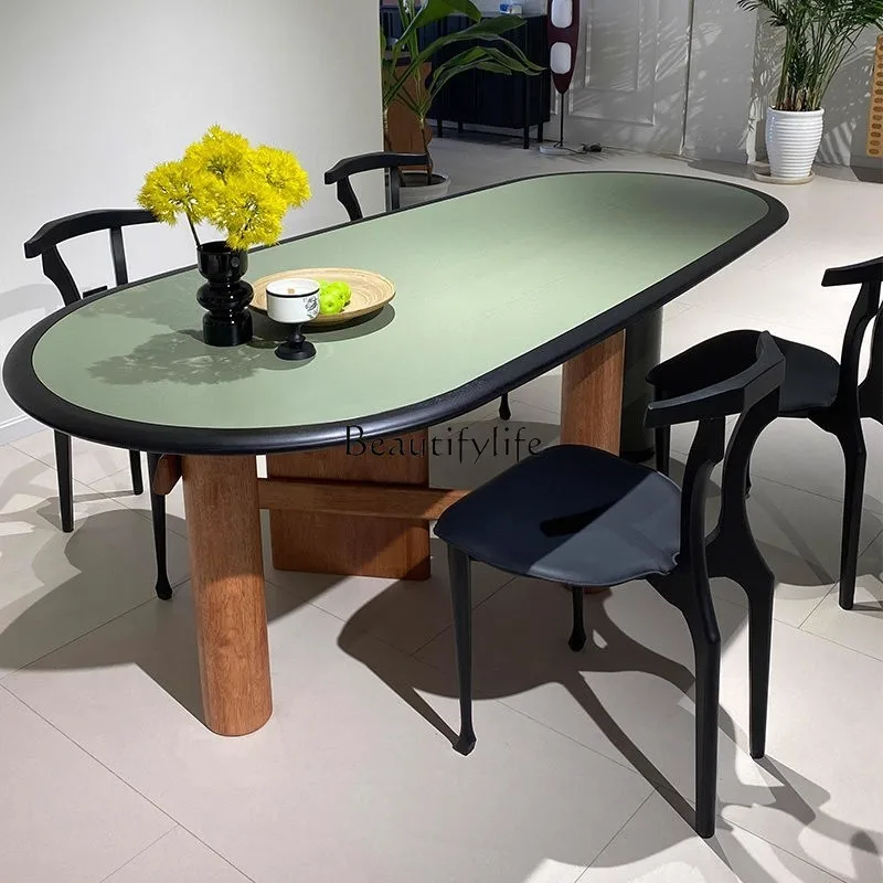 

Medieval solid wood living room dining table two-color household model room designer oval dining table