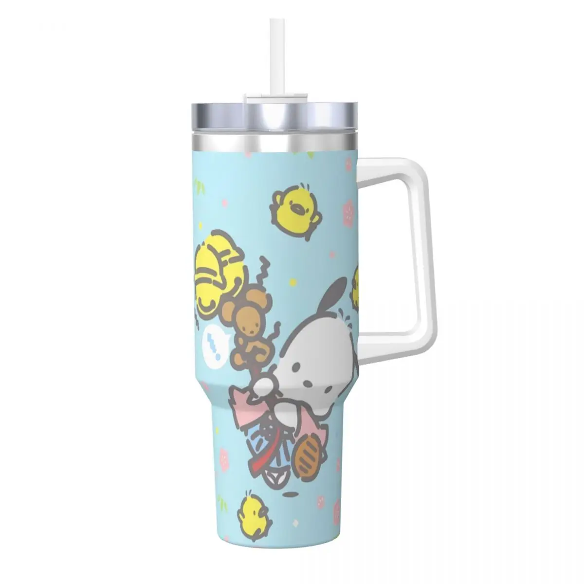 Pochacco MINISO Stainless Steel Tumbler Travelist Coffee Mug With Straws and Lid Large Capacity Car Mugs Cold Drink Water Bottle