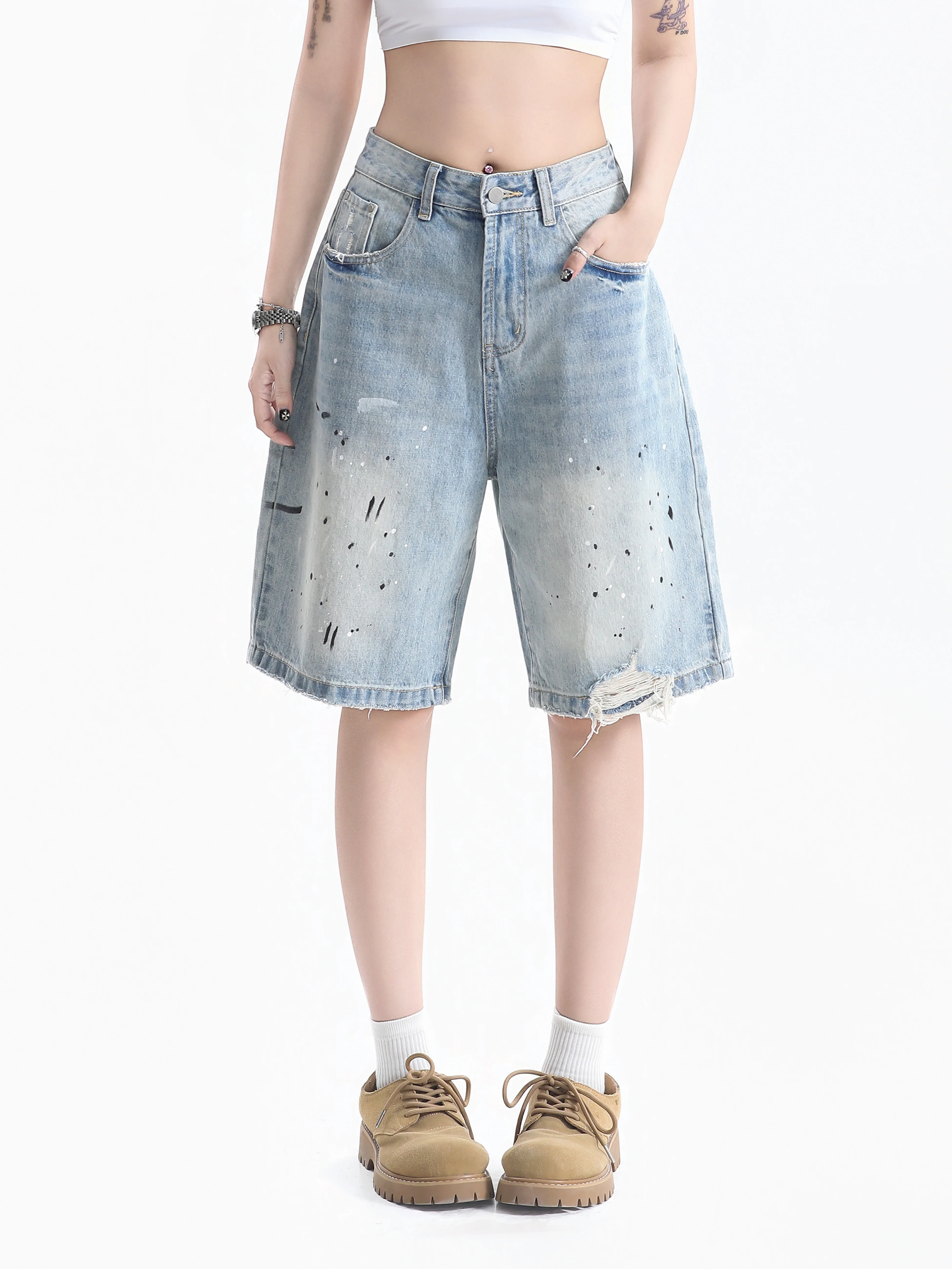 

Small Ball American Style Faded Denim Shorts Women High Street Hole Straight Leg Wide Leg Five Parts Versatile Mid-Pants