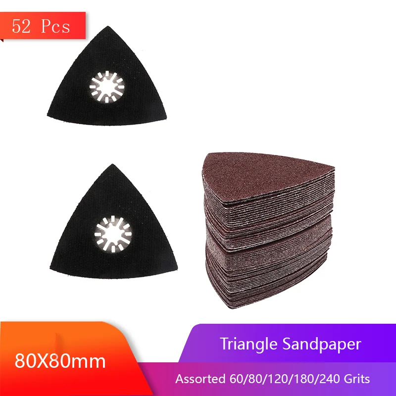 

80x80mm Triangle Sandpaper 52 Pcs with Hook & Loop Multitool Sanding Pads Assorted 60/80/120/180/240 Grits for Polishing