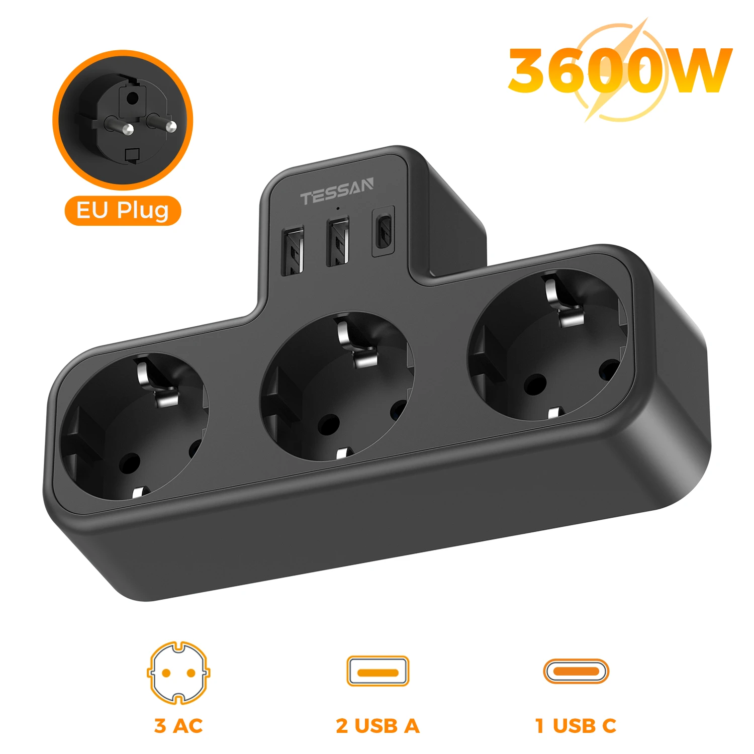 TESSAN Mehrfachsteckdose nach EU-Standard, USB-Wandsteckdose, 6-in-1-Verlängerungssteckdose mit 3 AC-Steckdosen, Adapter, Wandladegerät für Zuhause und Büro