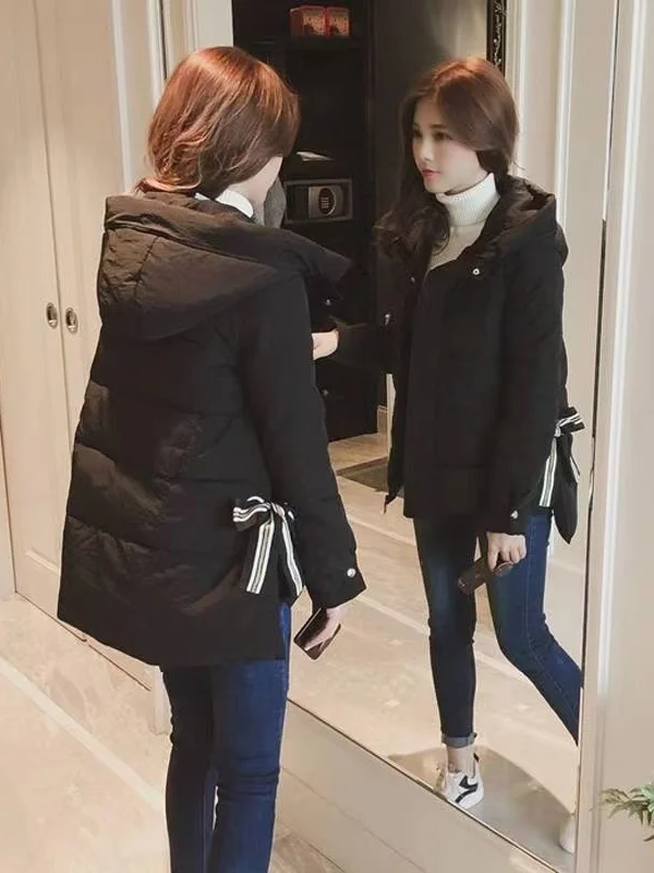

Warm Hooded down Jacket Coat Korean Style Loose Fit Winter Casual High Waist Knot Thickened Polyester Fiber Zipper