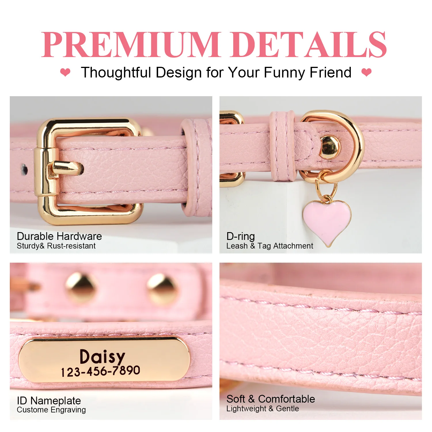 Personalisiertes Hundehalsband aus PU-Leder, kostenlos mit individuellem Hundennamen, Haustierhalsband mit niedlichem Anhänger, weich, für kleine und mittelgroße Hunde und Katzen – Detail 14