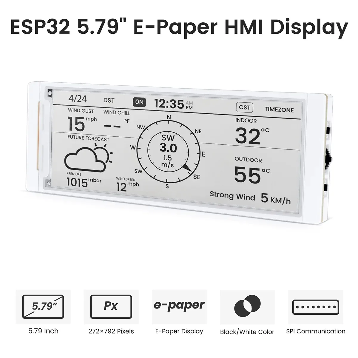 Popular CrowPanel ESP32 5.79inch 272*792 E-paper HMI Display Black/White Color Driven By SPI Interface with Free Shipping