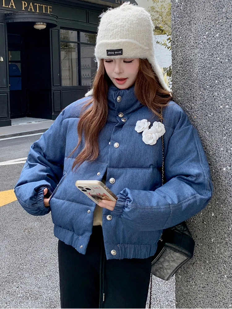 

2025 Retro American Chic Floral Patchwork High-End Cotton Jacketes Short Blue Women's Style Lazy Winter Coat Outwear Female
