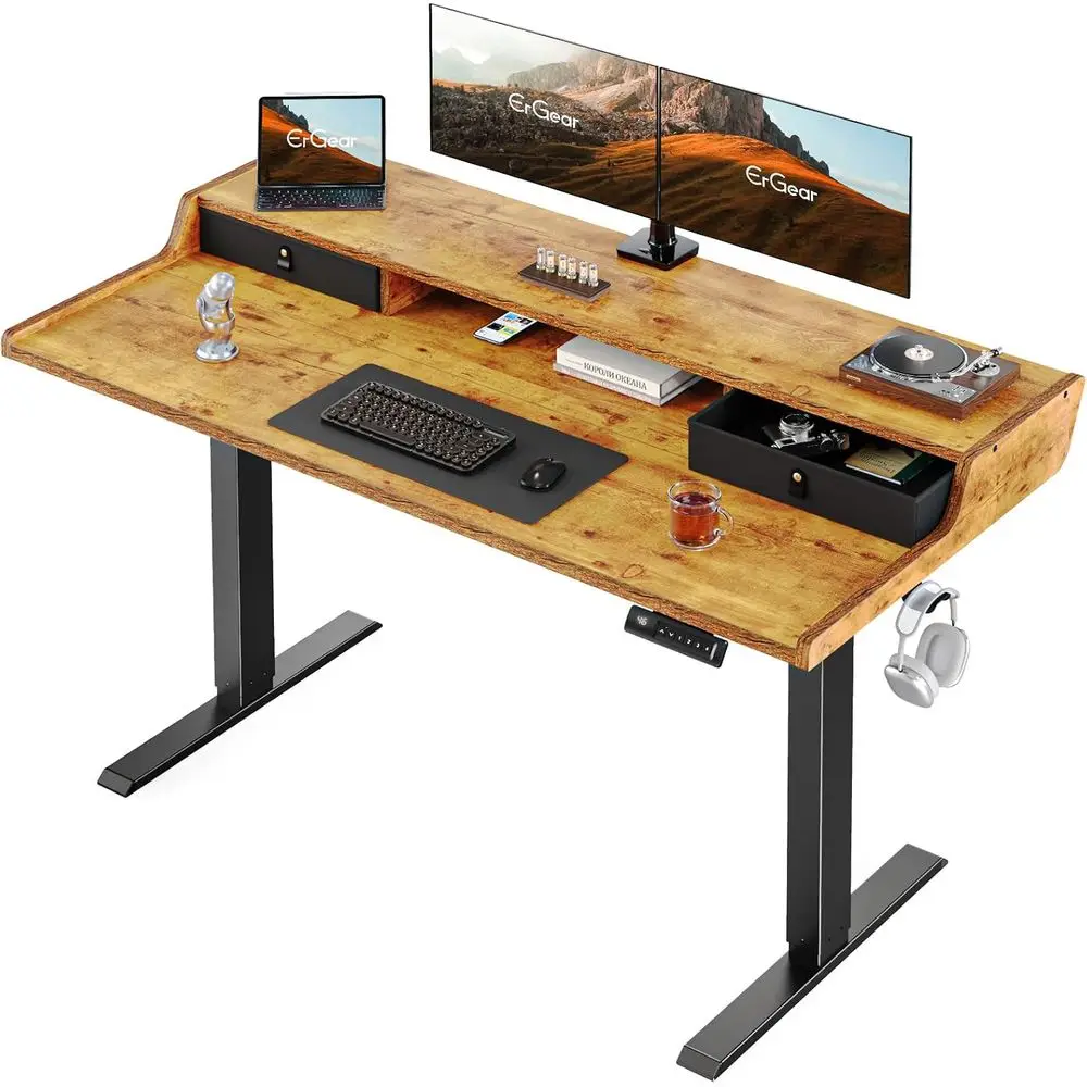 

Vintage Brown Height-Adjustable Desk with Storage Shelf, 48x24 Gaming Desk, 4 Preset Heights, Standing Desk Converter