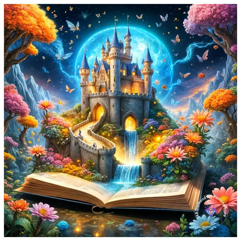 

Castle Book Moon AB Diamond Painting Kit Square Round Diamond 5D DIY Mosaic Handmade Art Dreamy Landscape Adult Gift Home Decor