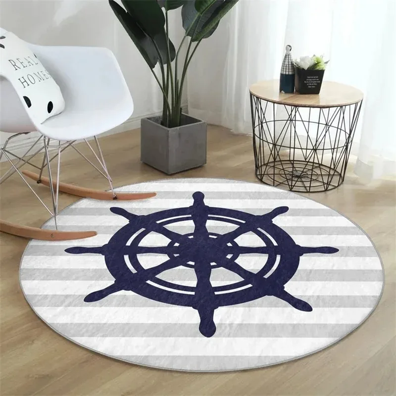 Round Rug with Compass, Anchor & Ship Wheel Motifs – Coastal Living Room Decor Floor Mat