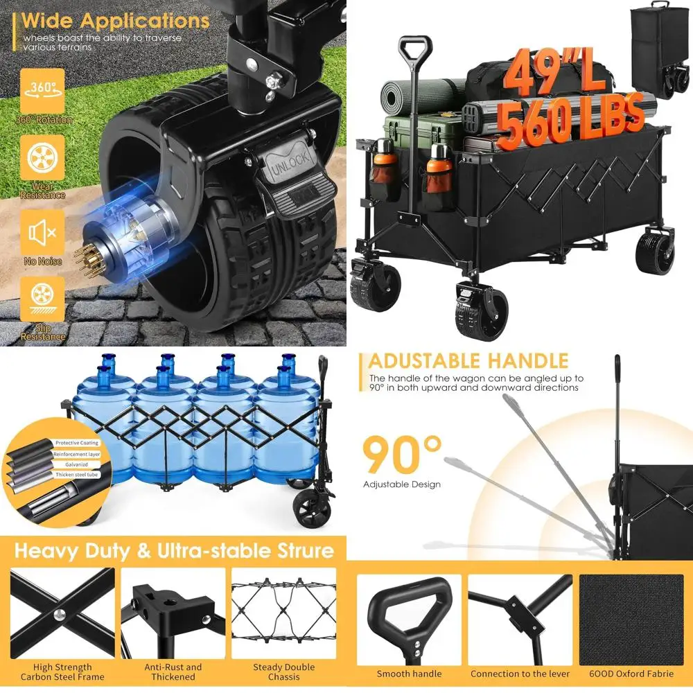 

Сверхпрочная складная тележка-платформа 300 л с грузоподъемностью 250 кг, внедорожными колесами и держателями для напитков - черная