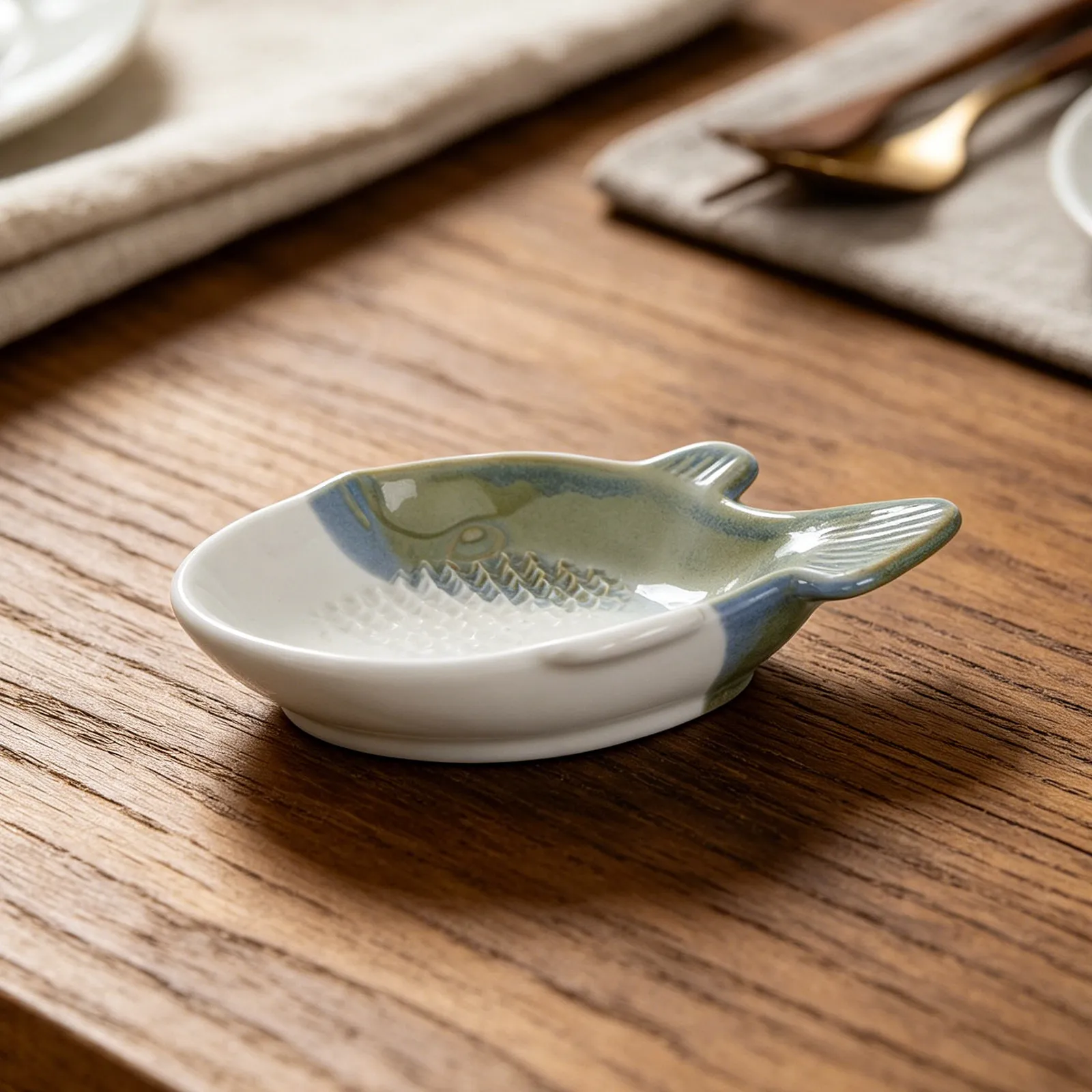 Ceramic Ginger Grater Plate Fish Shaped 4.8x3.5 Kitchen Garlic Grinding Dish Condiment Grater Groove Cleaning Brush Included