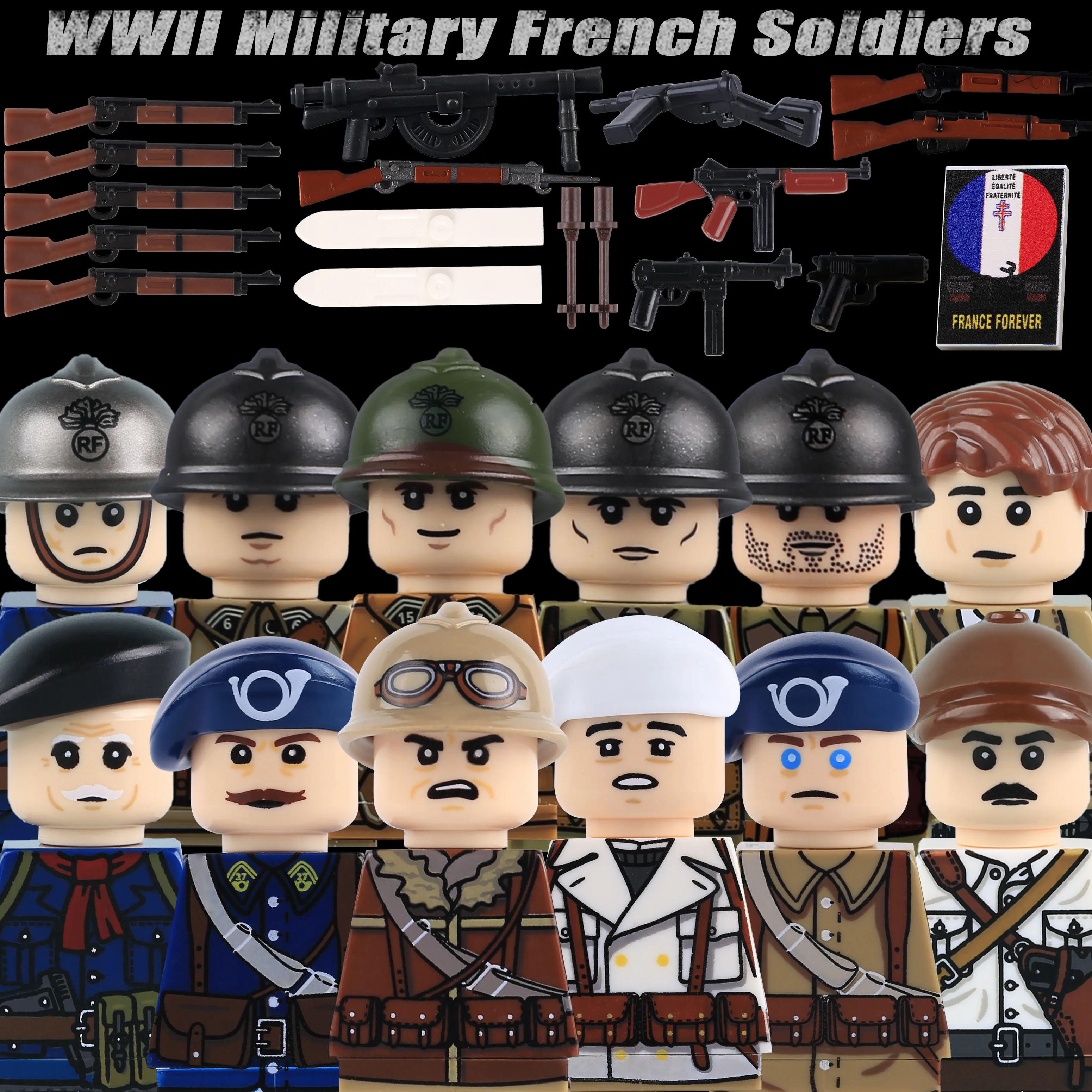 Figurines de soldats d'infanterie français de la Seconde Guerre mondiale, blocs de construction, armes, armée, casques, casquettes, skis alpins, briques, jouets, cadeau pour enfants