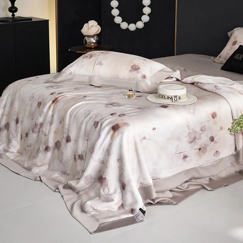 Imagem -02 - Rei Rainha Eucalyptus Refrigeração Duvet Edredon Floral Folha Plana Fronhas Certified Lyocell Fibra Quilt Silky Soft Silk Feeling Pcs