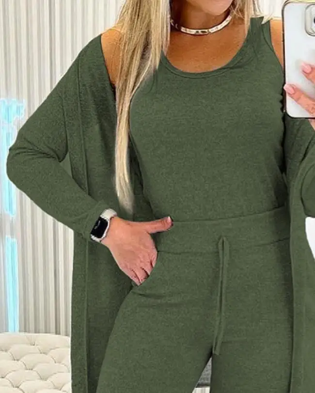 Women\'s Pans Set Fashion Casual Elegant Solid Round Neck Long Sleeved Tank Top & Drawstring Trousers Suit Autumn New 2023