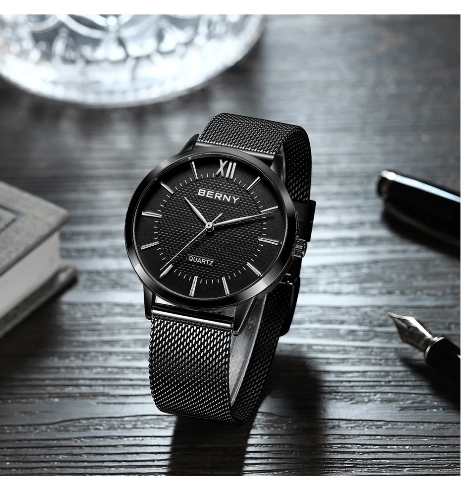 BERNY Uhren für Herren, schlanke, lässige, modische Quarz-Armbanduhren, Herrenuhr, klassisch, minimalistisch, wasserdicht – Detail 10