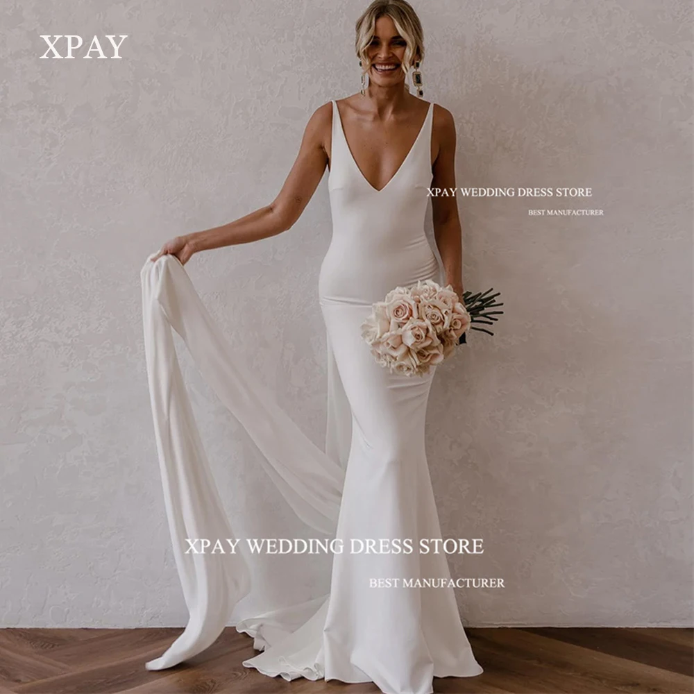 XPAY Simple Stretch Satin Mermaid Wedding Dresses Boho Detachable Train Deep V Neck Crepe Plain Backless Country Bridal Gowns