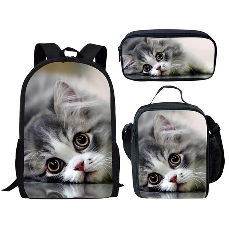 Hip Hop Youthful Kitten Cat 3D Print 3pcs/Set Student Travel bags Laptop Daypack Backpack Lunch Bag Pencil Case