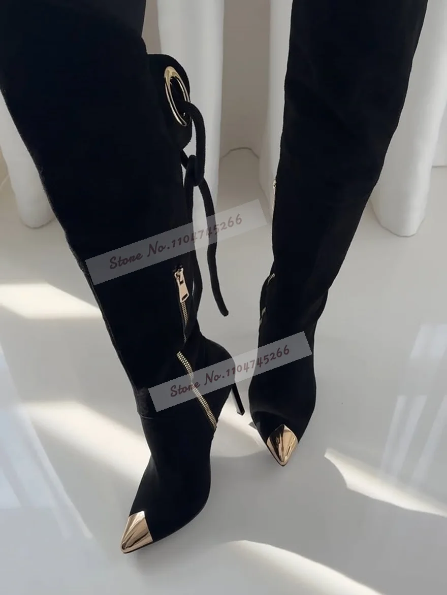

Nude Black Canvas Patchwork Knee High Boots Golden Big Ring Buckle Lace-Up Long Boots Steel Tip Toe Stiletto Heel Dress Shoes