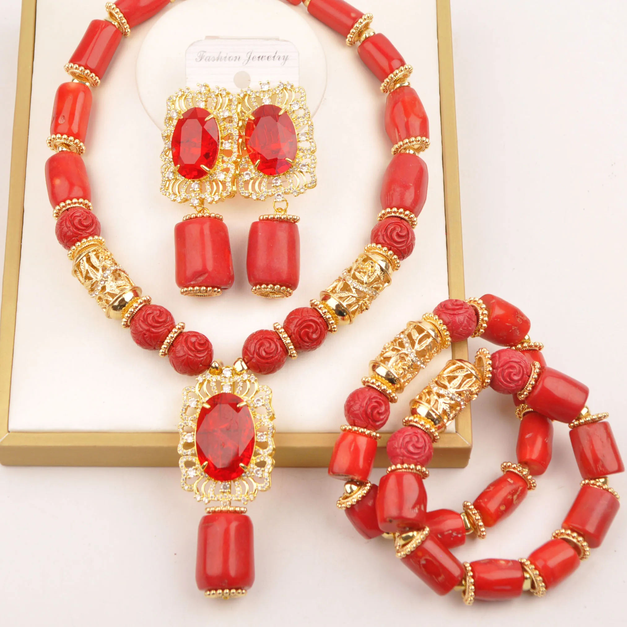 Nigerian wedding set natural red coral bead bride jewelry