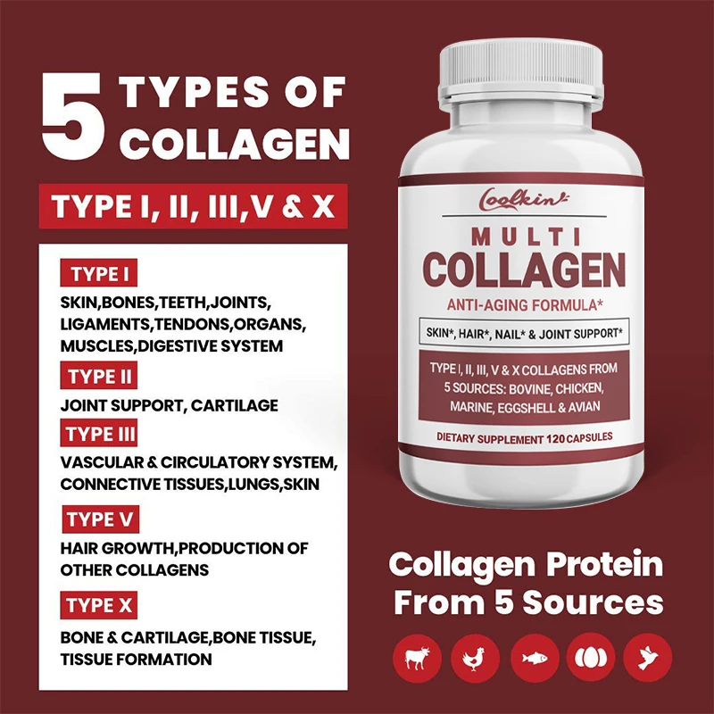 Multi Collagen Capsules (I, II, III, V, and X) - Grass Fed Collagen Peptide - Anti Aging Collagen Supplement