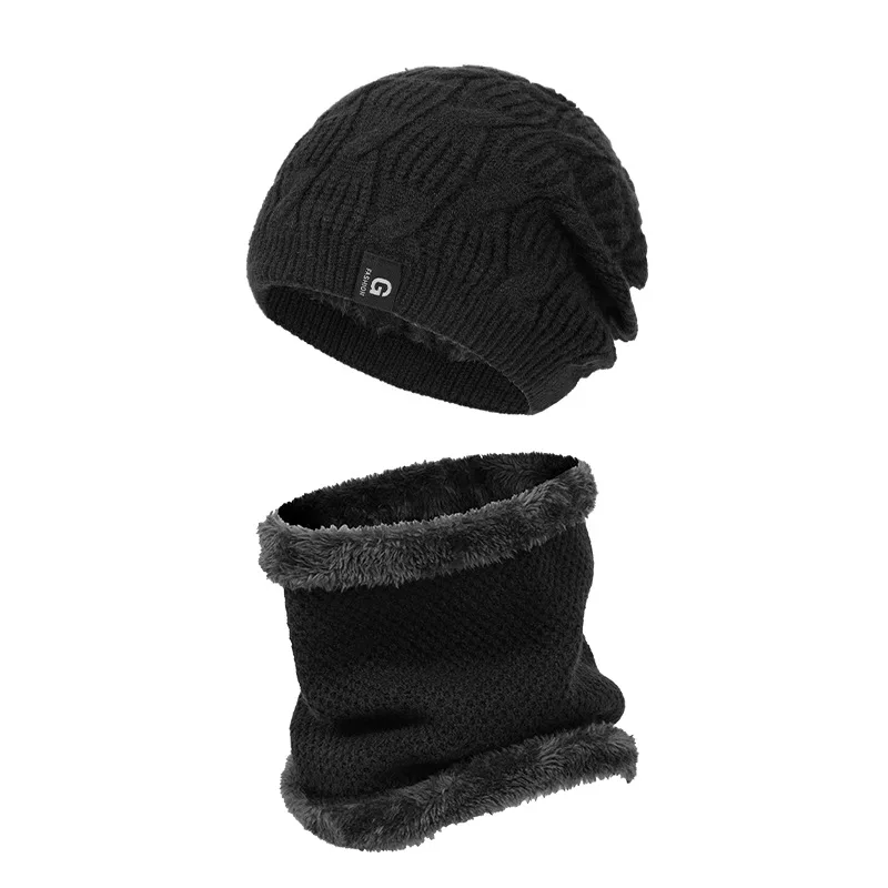 Cachecol de malha para homens e mulheres, terno espesso, proteção de orelha, lenço de veludo, gorro quente, outono, inverno, 2 peças