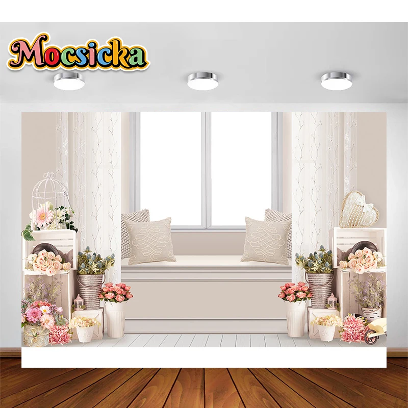 Window Sill Photography Backdrop Spring Flowers Decorative Banners Newborn Portrait Photo Shoot Kids Cake Smash Background