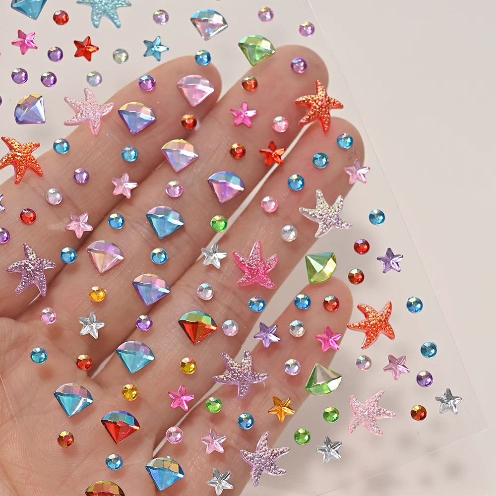 2 Blatt schillernder Stern, rundes Gesicht, Juwelen, Tattoo-Aufkleber, Seestern, Kristall-Edelsteine, gefälschtes Tattoo für Augen- und Körper-Make-up, Strass-Dekor – Detail 5