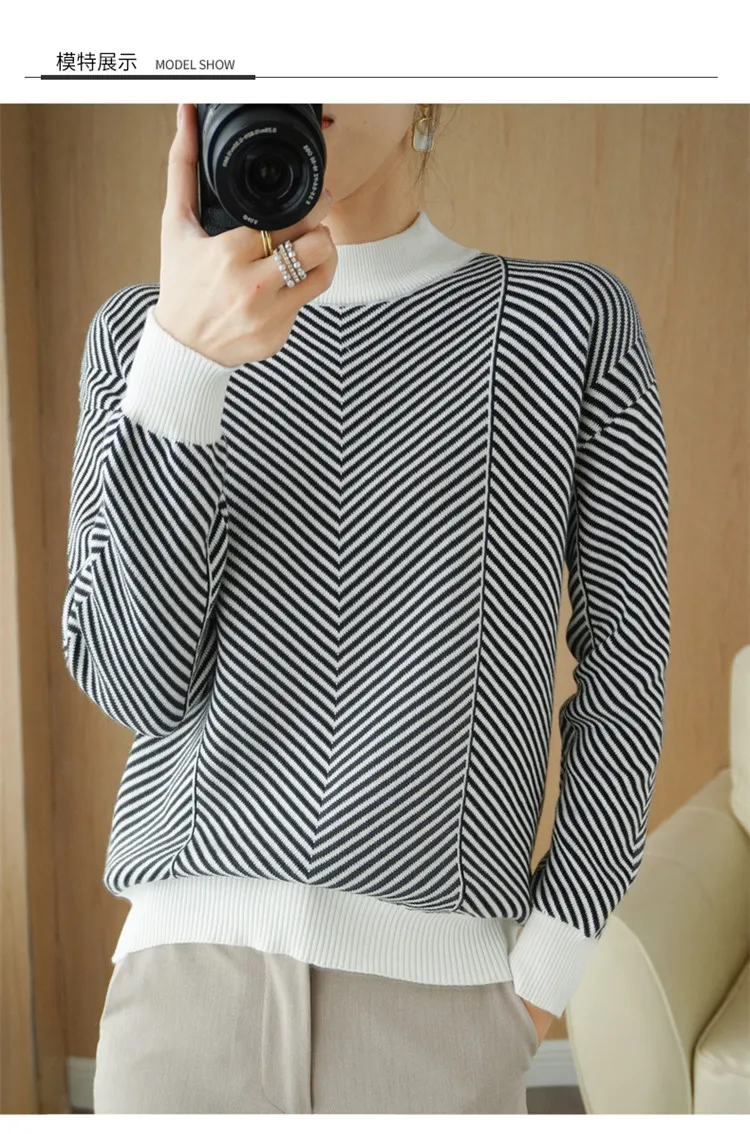 Women's autumn and winter 100% pure cotton knitted semi high neck pullover casual striped warm sweater fashionable hot selling