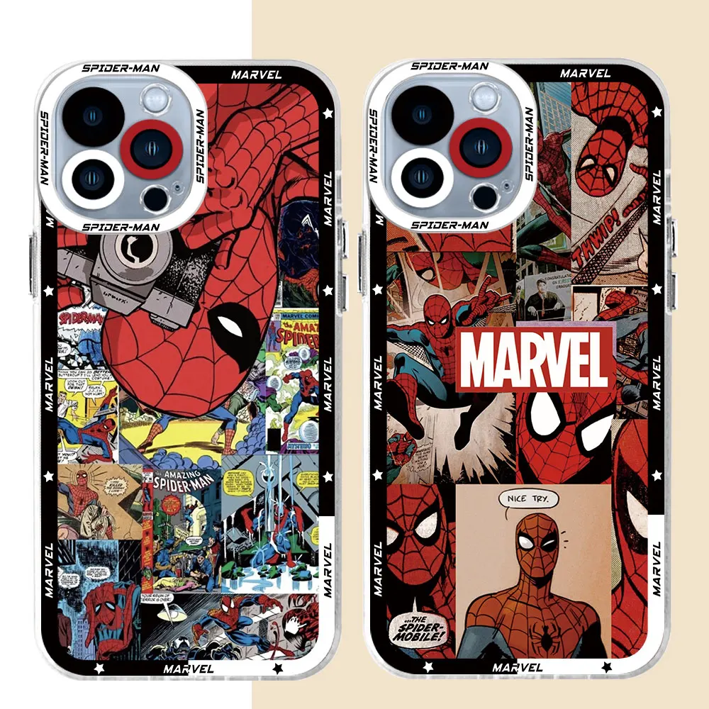 Custodia hot Marvel Spider Man per iPhone 7 6s 13 Pro Max 8 15 Plus 14 Pro 11 SE X XS 12 Mini XR 11Pro Cover Coque in Silicone trasparente