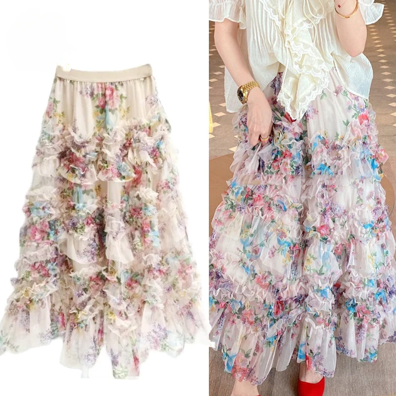 

Women Fashion Ruffles Floral A Line Midi Long All Seasons Casual Skirts Lady Streetwear Chic Elastic Waist Skirt Bottoms