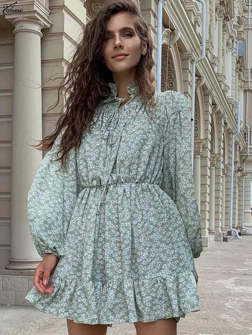 

Oymimi Elegant Green Print Women's Dress Autumn Lapel Wrist Sleeve Lace-Up Dresses Casual New High Waisted Pleated Mini Dresses