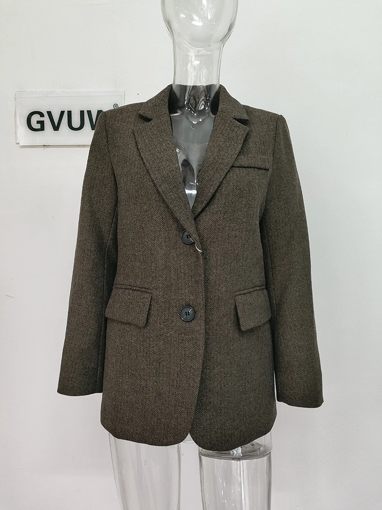 GVUW Fashion Warm Blazer Coat Woolen Notched Full Sleeve Single Breasted Pockets New 2024 Vintage Style Minimalism Coats 17G7870