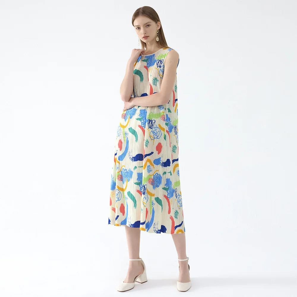 Miyake Plissee Kleid 2025, Frühling Sommer Neue Handgemalte Ölgemälde Druck Kleid Frauen Französisch Retro Taille Dünne Lange Kleider