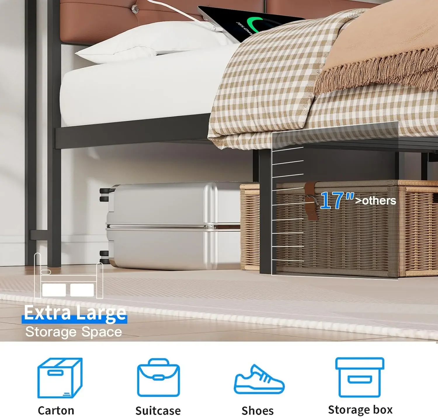 Twin Bed Frames, Twin Frame with Headboard&Charging Station,Black Single Frame No Box Spring Needed,Metal Twin Frame