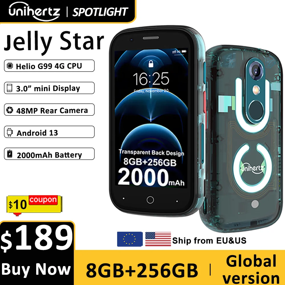 Мини-смартфон Unihertz Jelly Star, Android 13, 8 ГБ, 256 ГБ, светодиодная подсветка, разблокированная прозрачная задняя крышка, мобильные телефоны, 48 МП, 3-дюймовый телефон
